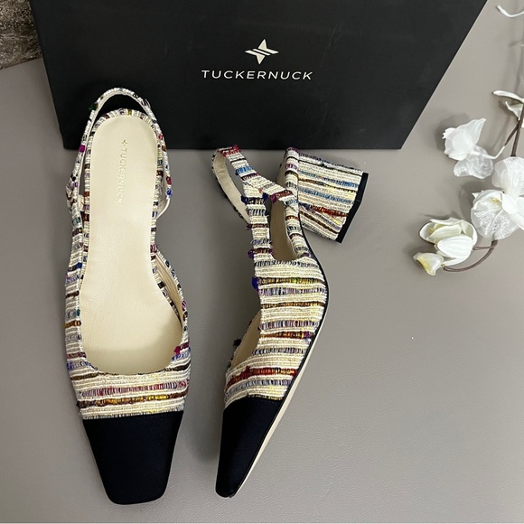 Tuckernuck Tinsley Tweed Multicolor Heels Slingback size 9.5 black toe cap - Picture 1 of 14